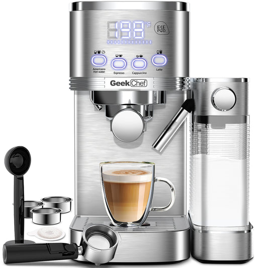 Geek Chef Espresso And Cappuccino Machine With Automatic Milk Frother,20Bar Espresso Maker For Home, For Cappuccino Or Latte,with ESE POD Filter, Stainless Steel, Gift For Coffee Lover Ban On Amazon