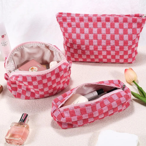 Large Wool Chessboard Cosmetic Bag Knitted Wash Bag