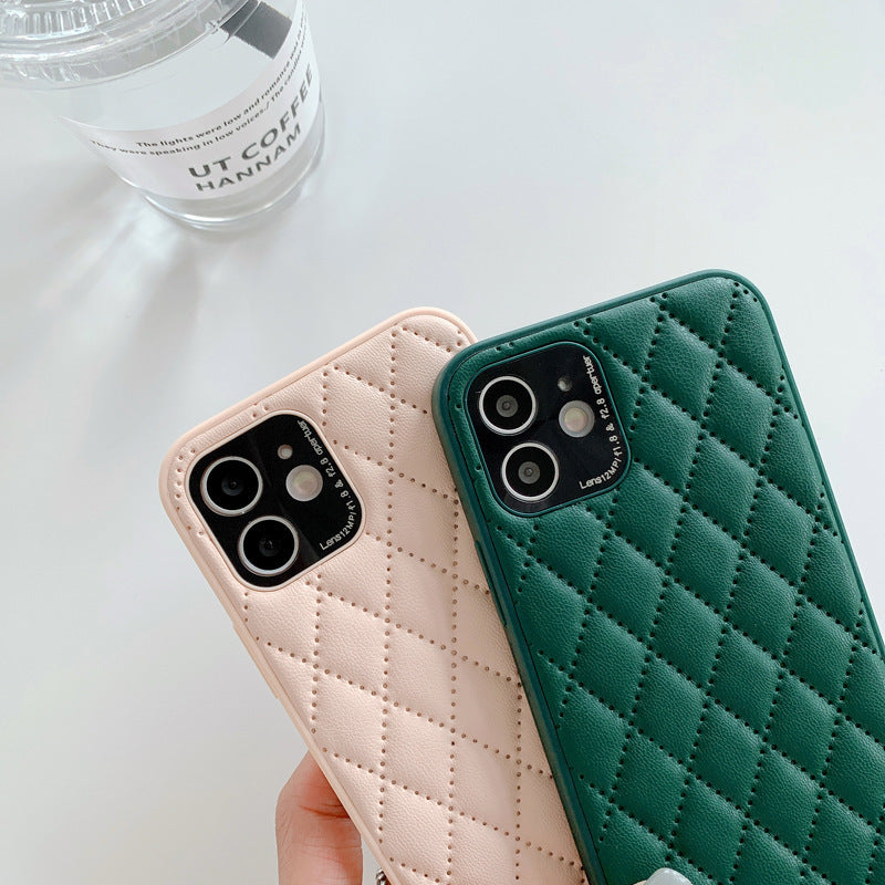 Solid Color Diamond Plaid Lambskin Phone Case