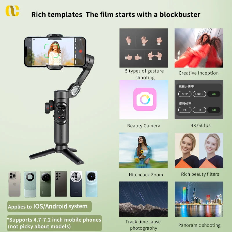 AOCHUAN 3-Axis Handheld Gimbal Stabilizer for Smartphone with Fill Light for iPhone Android Face Tracking Tiktok Vlog Smart XE