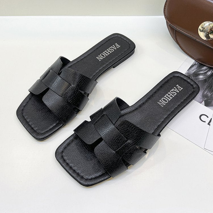 Women's Fashion Leather Outer Wear Square Head Sandals